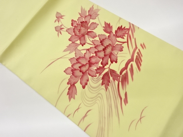 JAPANESE HIRAKI NAGOYA OBI /  SHIOZE / KINSAI / HAND PAINTED / PEONY